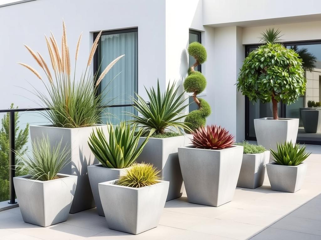 Große Betonkübel mit modernen Pflanzen auf einer Terrasse
