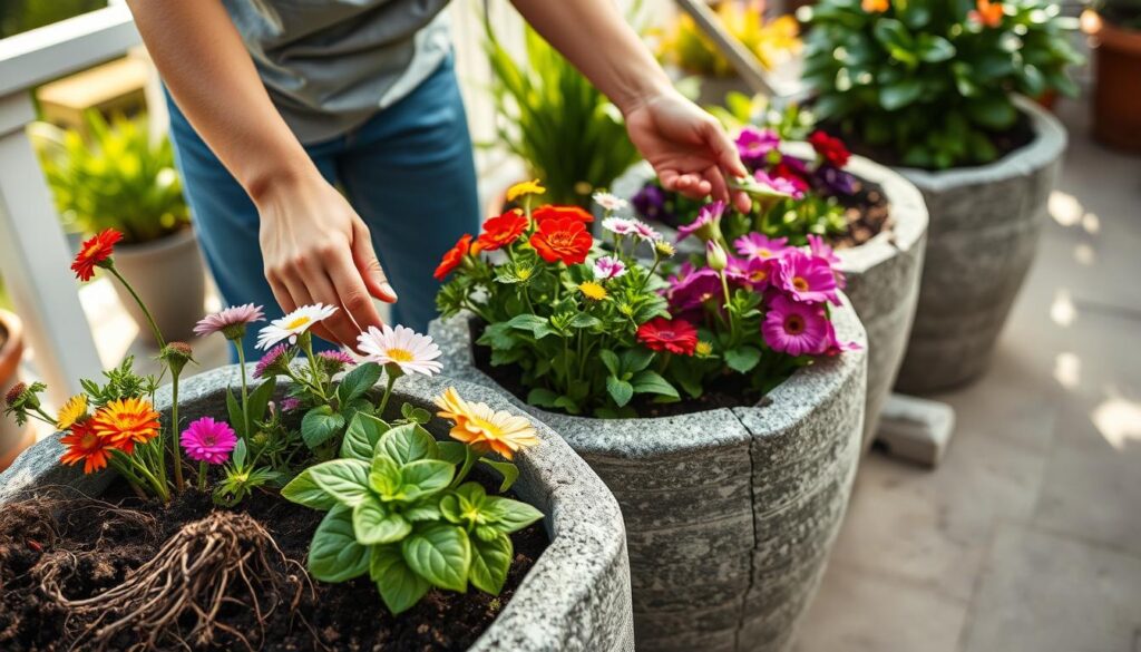 Pflanzen in Blumenkübel setzen