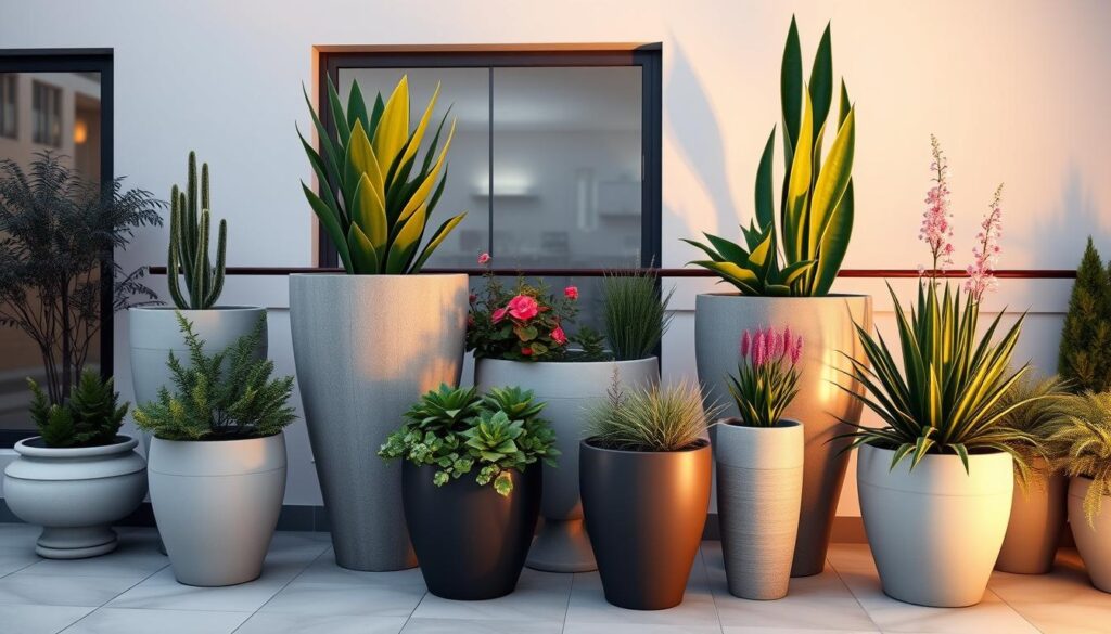 Stilvolles Arrangement mit mehreren großen Blumenkübeln in verschiedenen Höhen