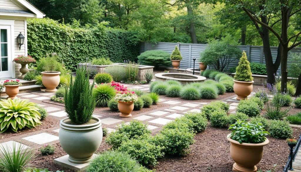 Strategische Platzierung von großen Blumenkübeln in verschiedenen Gartenbereichen