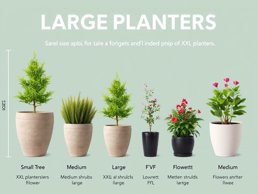 Verschiedene Größen von Blumenkübel groß mit Maßangaben und Pflanzenbeispielen