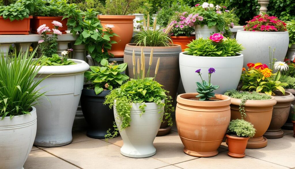 Verschiedene große Blumenkübel in einem Garten arrangiert mit Blumenkübel groß in verschiedenen Materialien